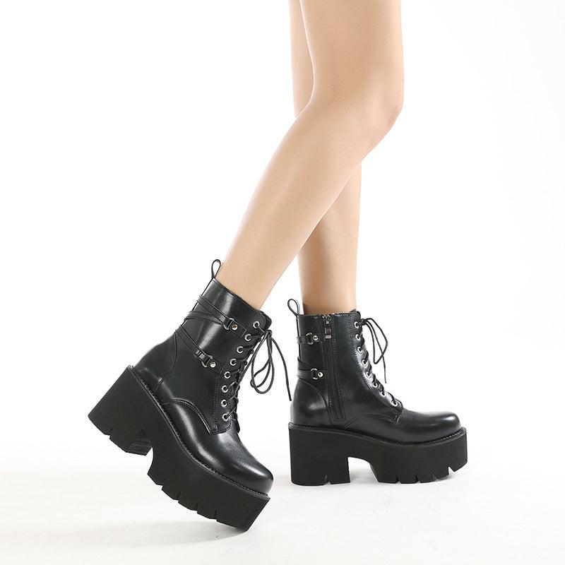 Cheky - Women's Round Head Lace-up Platform Waterproof Platform Thick Heel Dr Martens Boots