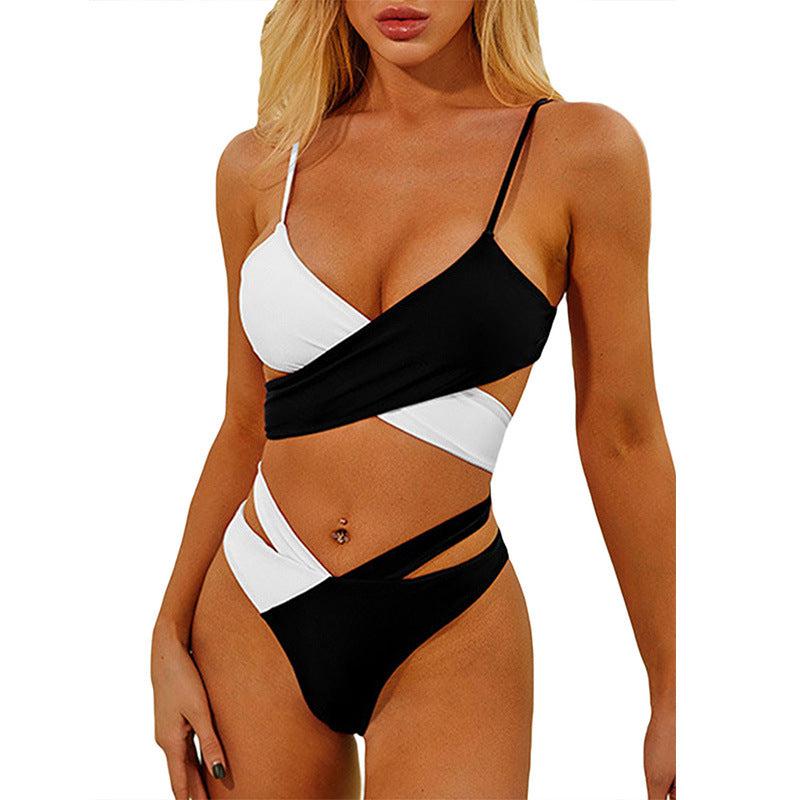 Cheky - Ladies Tricolor Block Piece One Piece Swimsuit Bandage Swimsuit Bikini Swimwear