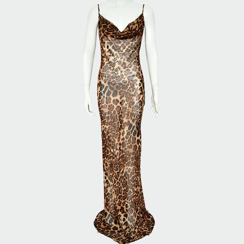 Cheky - Women's Hot Girl Sling Exposed Back Leopard Print Evening Dress