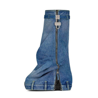 Cheky - Thick-soled Denim Skirt With Shark Women's Round Toe Boots