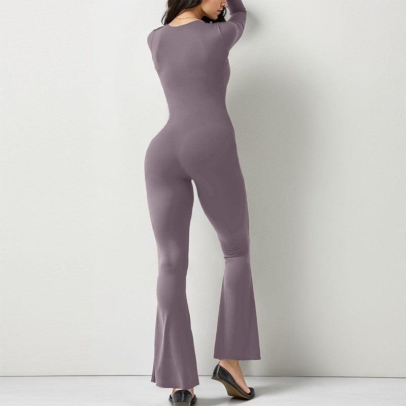 Cheky - Women Long Sleeve Belly Waist Shaping And Hip Lift Square Collar Wide Leg High Elastic Jumpsuit