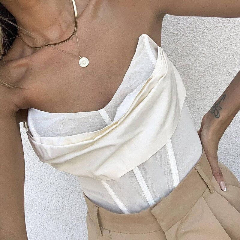 Cheky - Skinny Off Shoulder Tank Top Women White Sleeveless Sexy Strapless Female Top Spring Streetwear Slim Mesh Crop Top