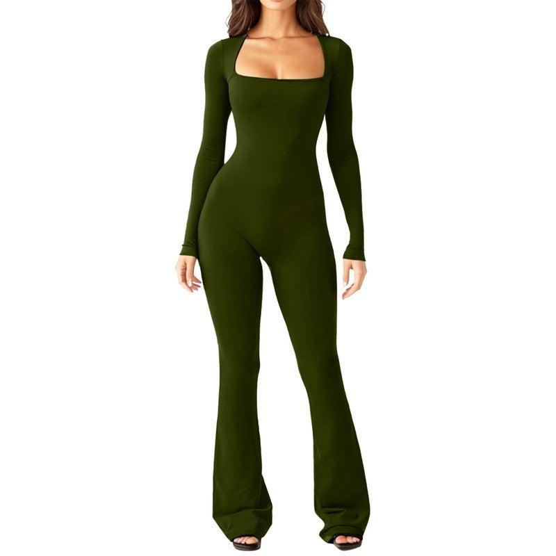 Cheky - Women Long Sleeve Belly Waist Shaping And Hip Lift Square Collar Wide Leg High Elastic Jumpsuit