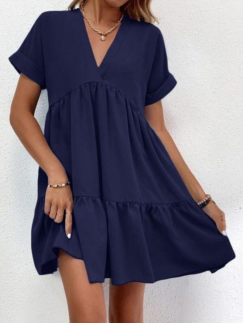 Cheky - New Short-sleeved V-neck Dress Summer Casual Sweet Ruffled Dresses Solid Color Holiday Beach Dress For Womens Clothing