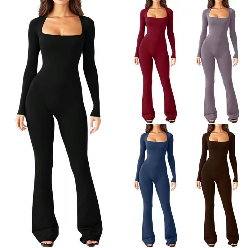 Cheky - Women Long Sleeve Belly Waist Shaping And Hip Lift Square Collar Wide Leg High Elastic Jumpsuit