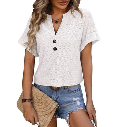 Cheky - New Hollow Circle Design T-shirt V-neck Button Solid Color Short-sleeved T-shirt Tops For Womens Clothing