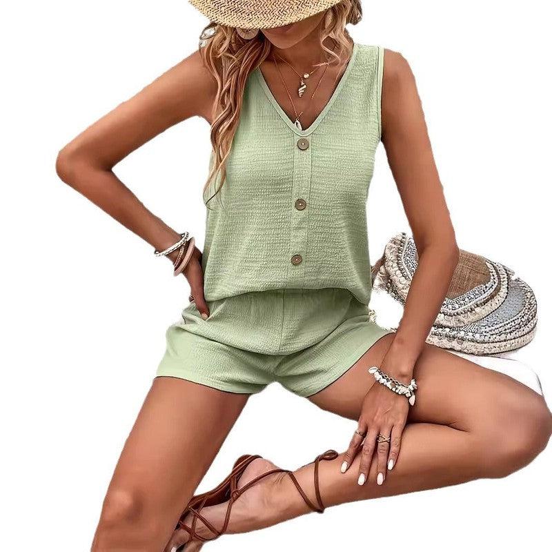 Cheky - Women's Fashion Loose Sleeveless Solid Color Buttons Decorative Vest Two-piece Set