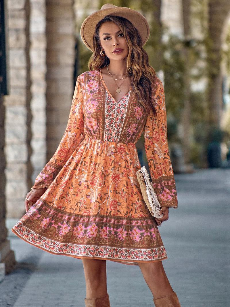 Cheky - Printed V-neck Waist-controlled Long Sleeves Dress Women