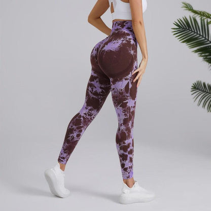 Cheky - Tie-dye Printed Yoga Pants Fashion Seamless High-waisted Hip-lifting Trousers Sports Running Fitness Pants For Womens Clothing