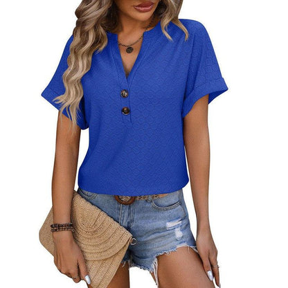 Cheky - New Hollow Circle Design T-shirt V-neck Button Solid Color Short-sleeved T-shirt Tops For Womens Clothing