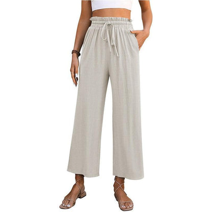 Cheky - Drawstring High Waist Straight Pants Summer Casual Solid Color Loose Wide Leg Trousers For Womens Clothing