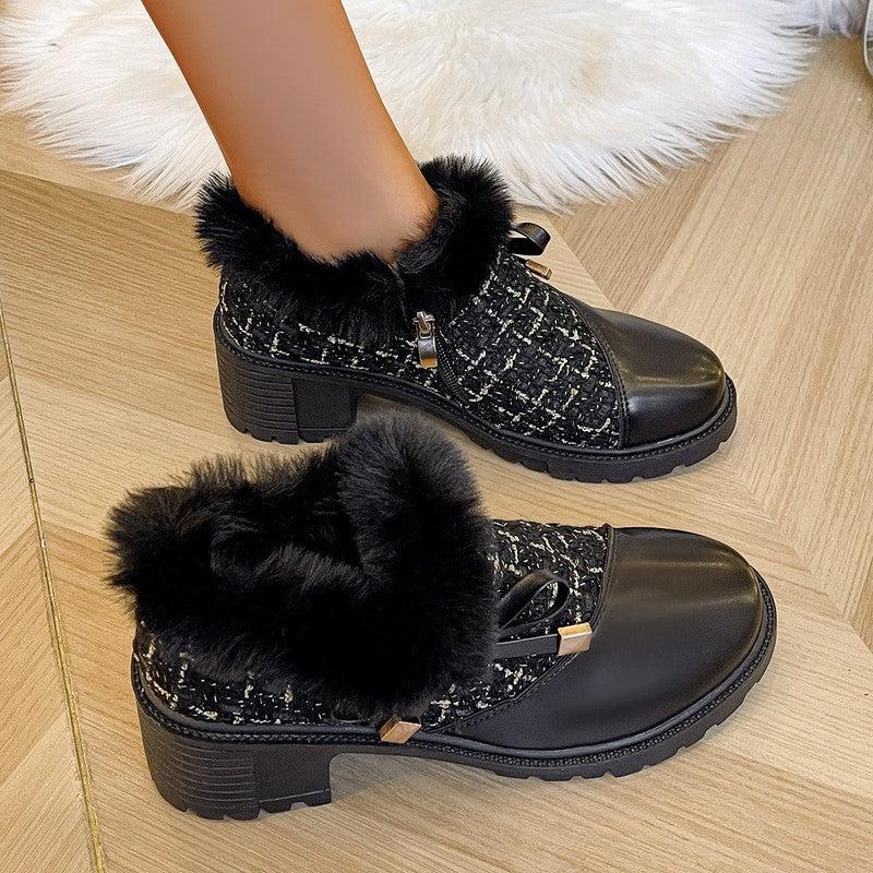 Cheky - Round Toe Thick Square Heel Elegant Boots With Cute Bow Side Zipper Plus Velvet Ankle Boots Winter Warm Plush Shoes For Women