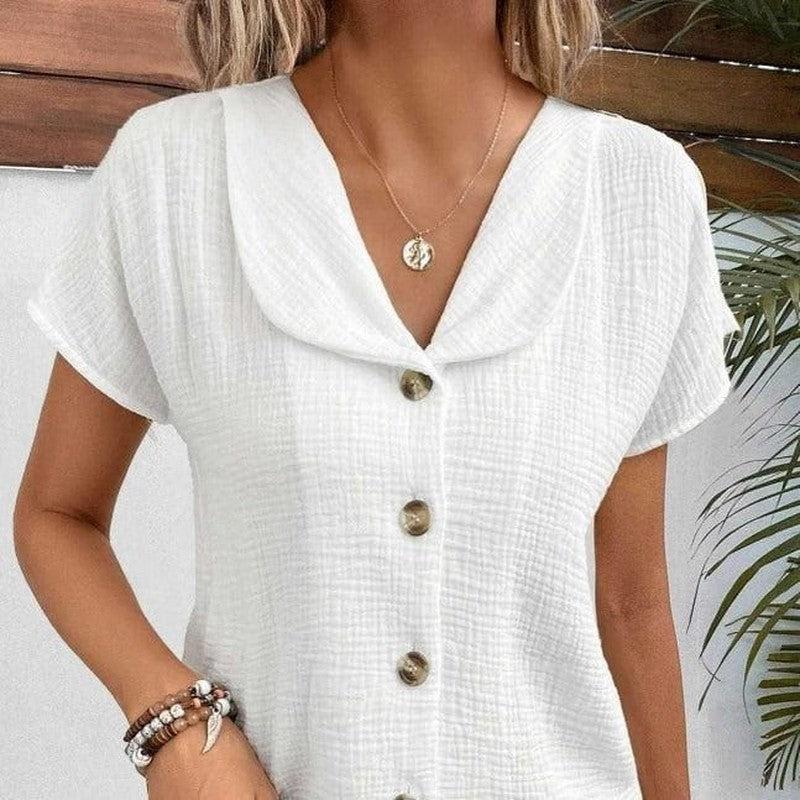 Cheky - Summer Solid Color Fashion Short-sleeved Cardigan Button Women's Top