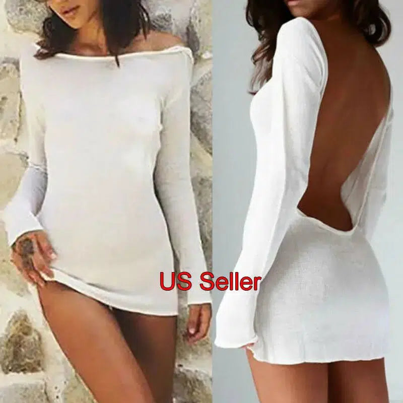 Cheky - Sexy Backless White Evening Party Dress Women Elegant Long Sleeve Solid Color Loose Club Holiday Casual Mini Dress