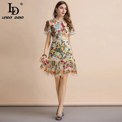 Cheky - LD LINDA DELLA New 2023 Fashion Runway Summer Dress Women's Flare Sleeve Floral Embroidery Elegant Mesh Hollow Out Midi Dresses