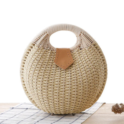 Cheky - Women's Natural Rattan Handwoven Round Shell Handbag Top-handle Bag Summer Fashion Bohemia Female Casual Tote Clutch Beach Bag