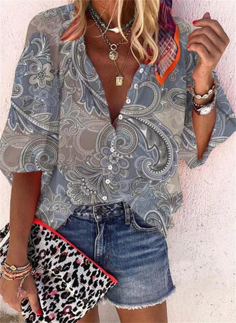 Cheky - Women's Fashion Stand Collar Loose Button Vintage Printed Casual Shirt