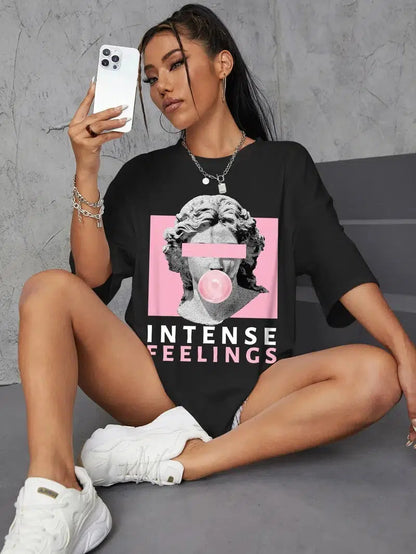 Cheky - INTENSE FEELINGS Street Hip Hop Female T-Shirts Loose Oversize Short Sleeve Soft Cotton Soft Tops Summer Breathable Tee Clothing