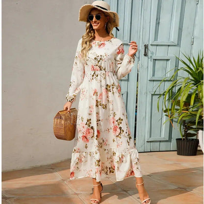 Cheky - 2023 Sping Summer Bohemian Women Maxi Dress Casual Long Sleeve High Waist Beach Woman Chiffon Dresses Floral Vestidoes Mujer New