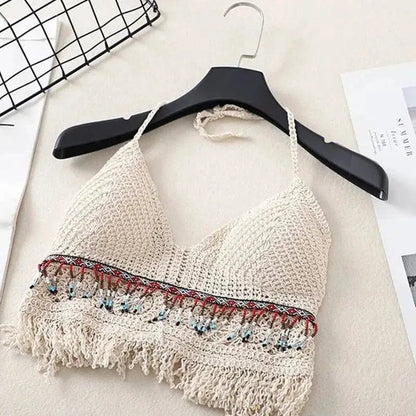 Cheky - Sexy Boho Beach Holiday Camisole Halter Women Crochet Knit Swimsuit Bra Backless Vest Hollow Tassel Tank Top Women's Crop Tops