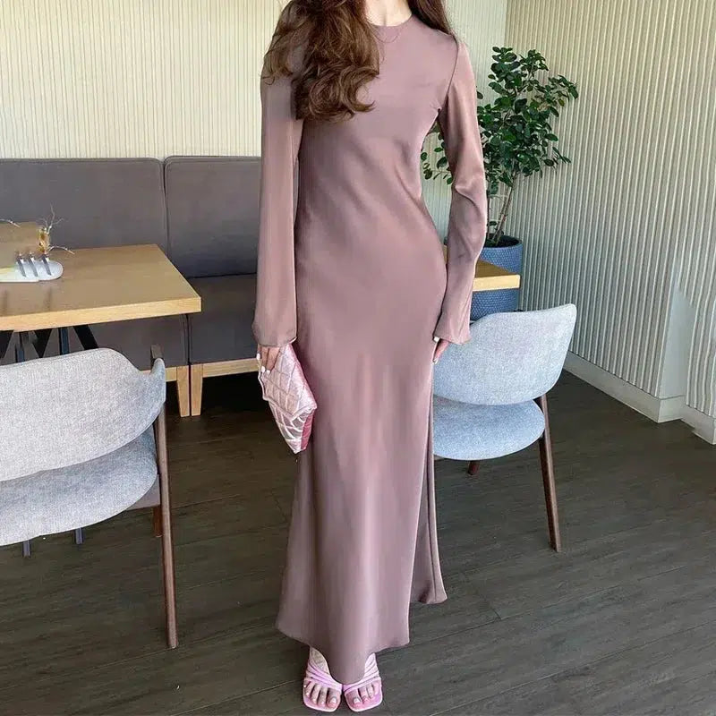 Cheky - Tossy Satin Fashion Slim Maxi Dress For Women Long Sleeve High Waist Elegant Solid Party Dress Casual Luxury Ladies Autumn Dress