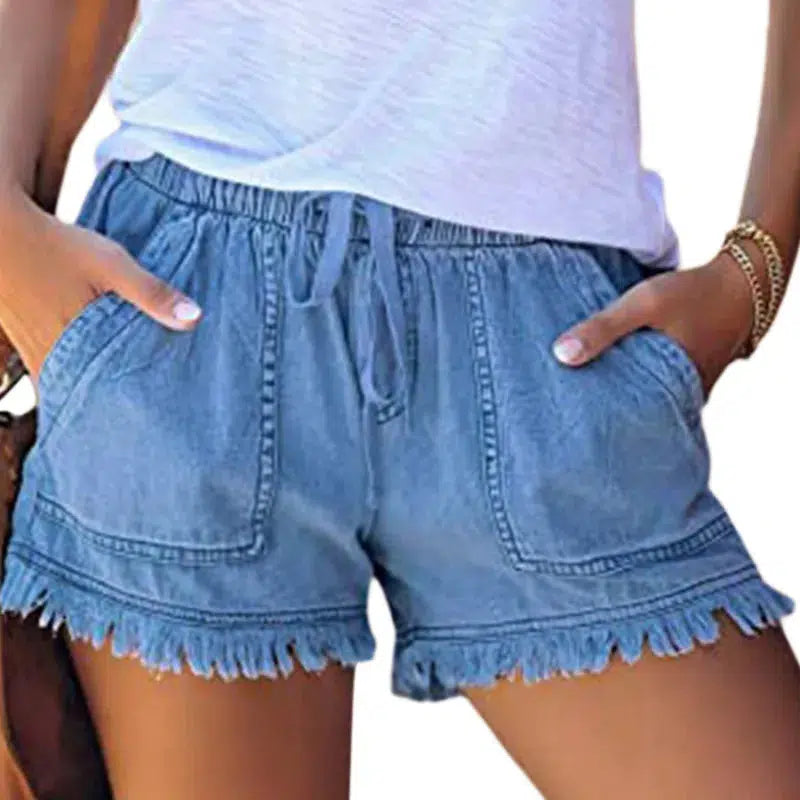 Cheky - Casual Drawstring Elastic Waist Frayed Hem Loose Short Jeans