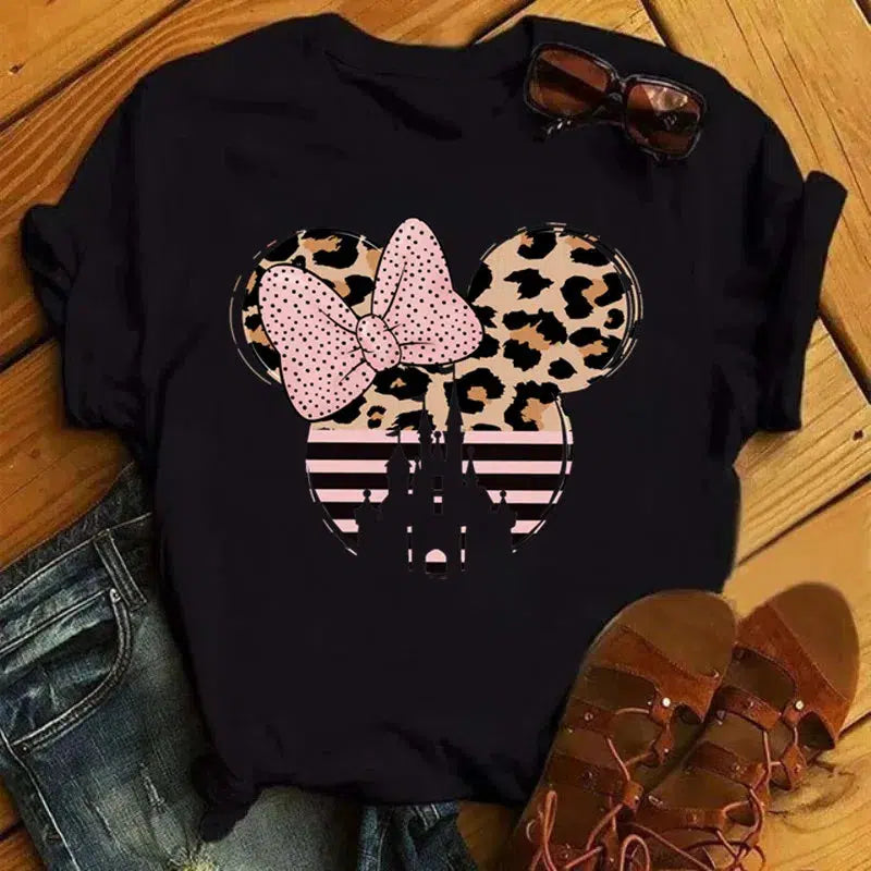 Cheky - Disney T Shirt Women Flower Minnie Mouse Clothes Leopard Print Kawaii T-Shirt Summer Tops Harajuku Black Women Tees