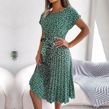 Cheky - Women Spring Summer Short Sleeve High Waist Chic Dress Fashion Floral Pleated A Line Long Dress