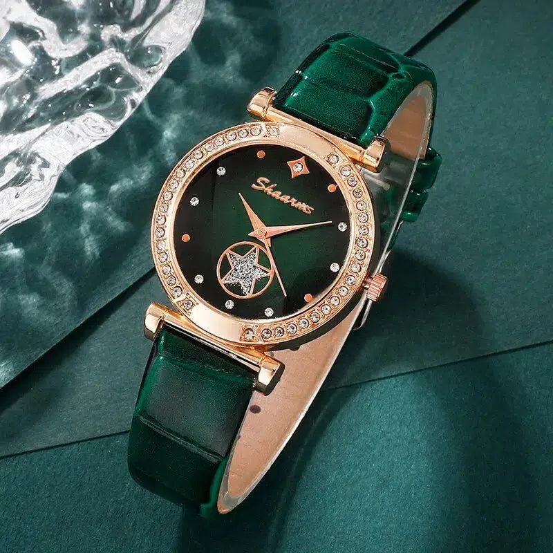 Cheky - 6PCS Set Green Luxury Quartz Watch Women Ring Necklace Earring Rhinestone Fashion Wristwatch Casual Ladies Bracelet Watches