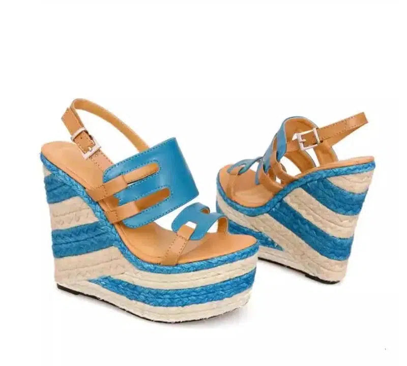 Cheky - High heels sandals striped Straw shoes Casual