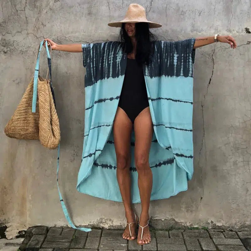 Cheky - Beach Cover Ups for Swimwear Women Black Tie Dye Kimono Swimsuit Cape Summer Dress 2022 Beachwear Outfits Sales