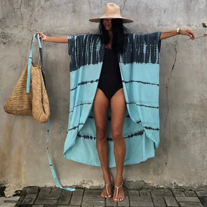 Cheky - Beach Cover Ups for Swimwear Women Black Tie Dye Kimono Swimsuit Cape Summer Dress 2022 Beachwear Outfits Sales