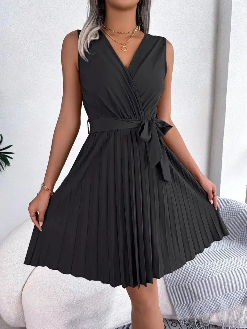 Cheky - Elegant Women V-Neck Pleated Dresses Summer Long Spaghetti Strap Dress Ladies Party Dresses Without Belt Vestidos De Fiesta