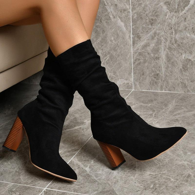 Cheky - Pointed Toe High Block Heels Boots Woman Winter Warm Mid-calf Suede Long Boots New Fashion Trendy Solid Shoes For Party Lady