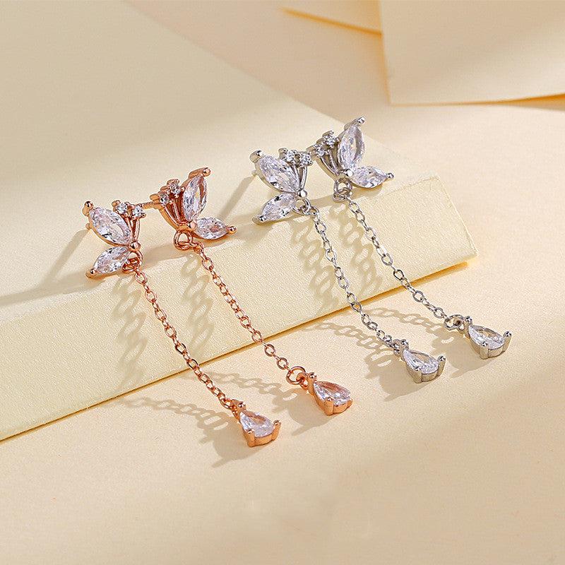 Cheky - S925 Butterfly Zircon Tassel Earrings Women's Niche Exquisite Long Earrings Jewelry