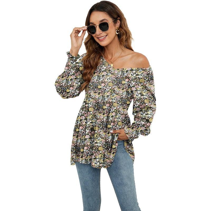 Cheky - Long Puff Sleeve Tops Women Flowers Print Casual V-Neck Blouse T-Shirts Babydoll Tops