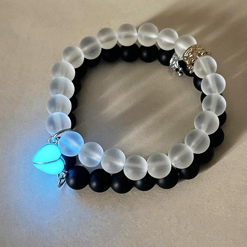 Cheky - Fashion Jewelry 2pcs Handmade Crown Beaded Charms Bracelet Luminou Heart Glow In The Dark Couple Bracelet For Lover Men Women Fluorescent Gift