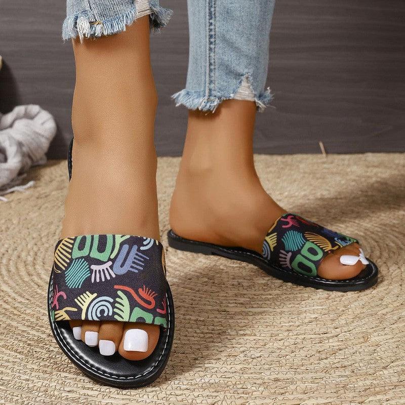 Cheky - New Fashion Graffiti Print Sandals For Women Summer Round Toe Low Heel Flat Slippers For Women Slides Casual Beach Shoes