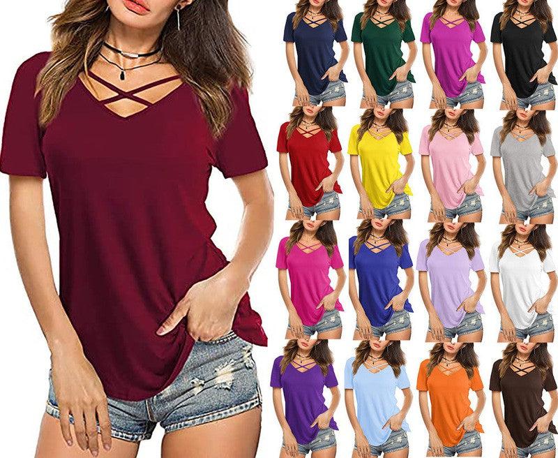 Cheky - Front Cross VNeck Short Sleeve Loose TShirt Women