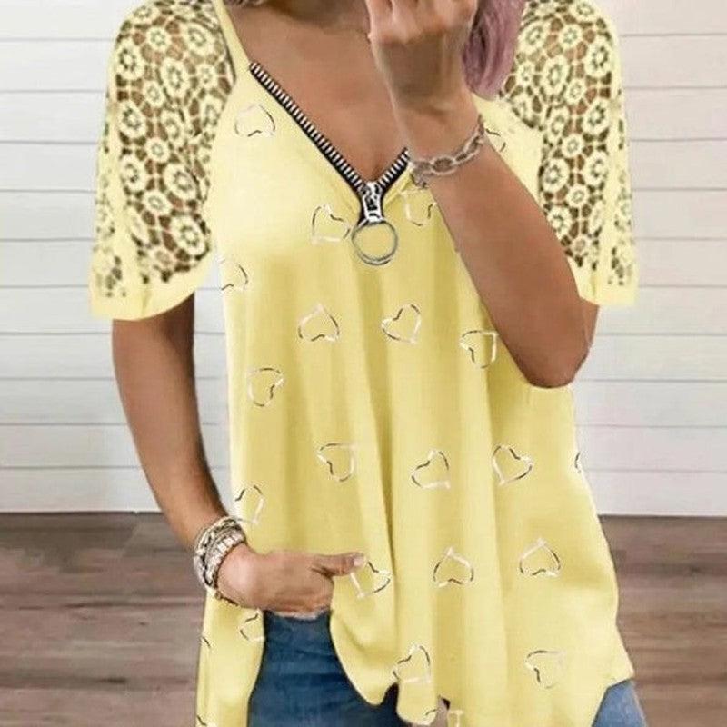 Cheky - Women's Heart-shaped Pattern Lace Zipper Design T-shirt