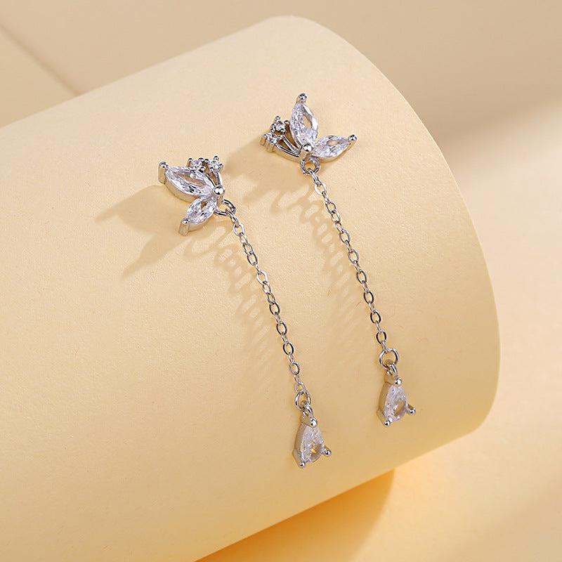 Cheky - S925 Butterfly Zircon Tassel Earrings Women's Niche Exquisite Long Earrings Jewelry