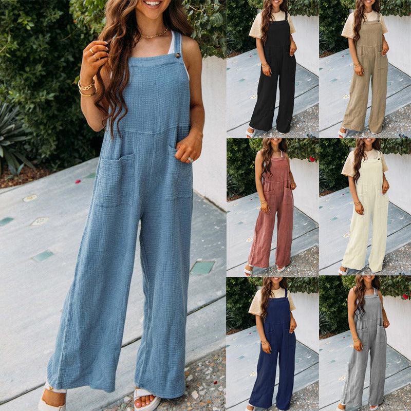 Cheky - Fashion Square Neck Jumpsuit With Pockets Spring Summer Casual Solid Color Loose Overalls Womens Clothing