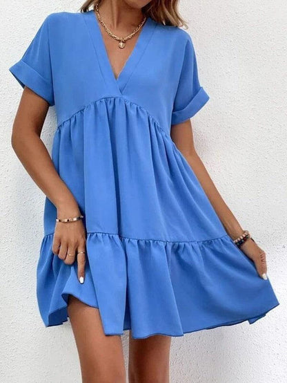 Cheky - New Short-sleeved V-neck Dress Summer Casual Sweet Ruffled Dresses Solid Color Holiday Beach Dress For Womens Clothing