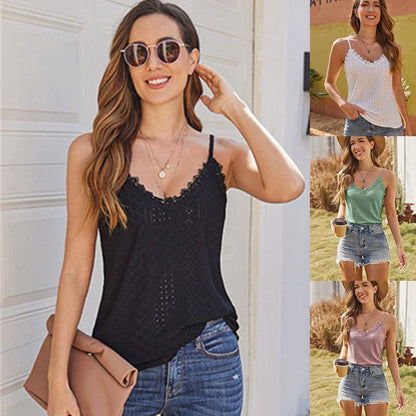 Cheky - Solid Color Hollow Lace Strappy T-shirt