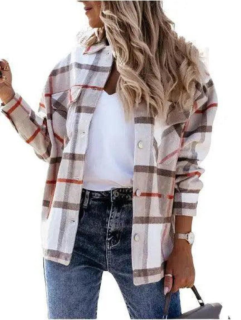 Cheky - Autumn And Winter Long-Sleeved Plaid Shirt Jacket Women