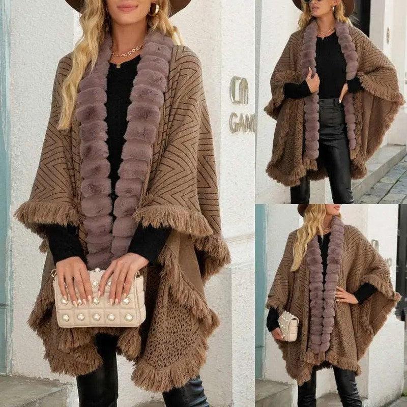 Cheky - Autumn And Winter New Luxury Wool Collar Tassel Shawl Sweater Cloak