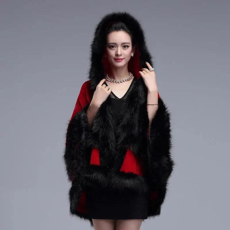 Cheky - Autumn And Winter New Style Fox Fur Hooded Cape Cape Ladies