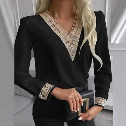 Cheky - Autumn New Style Lace Long-Sleeved V-Neck Shirt