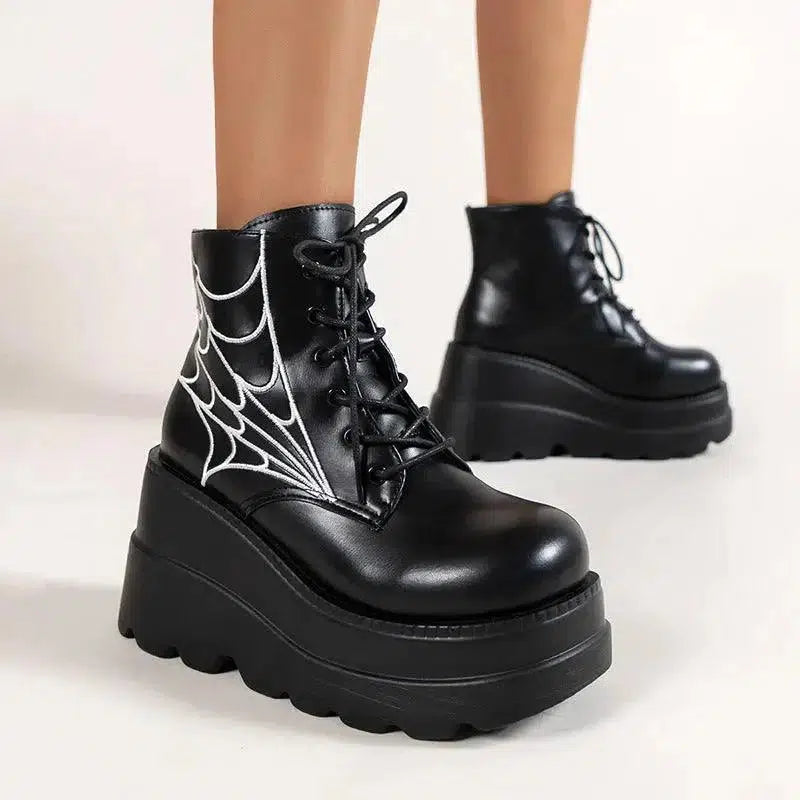 Cheky - Black Martin Boots Fashion Spider Web Print Shoes Chunky Heel Boots For Women