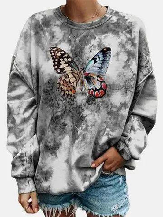 Cheky - Butterfly Print Long-Sleeved Round Neck Bottoming Sweater